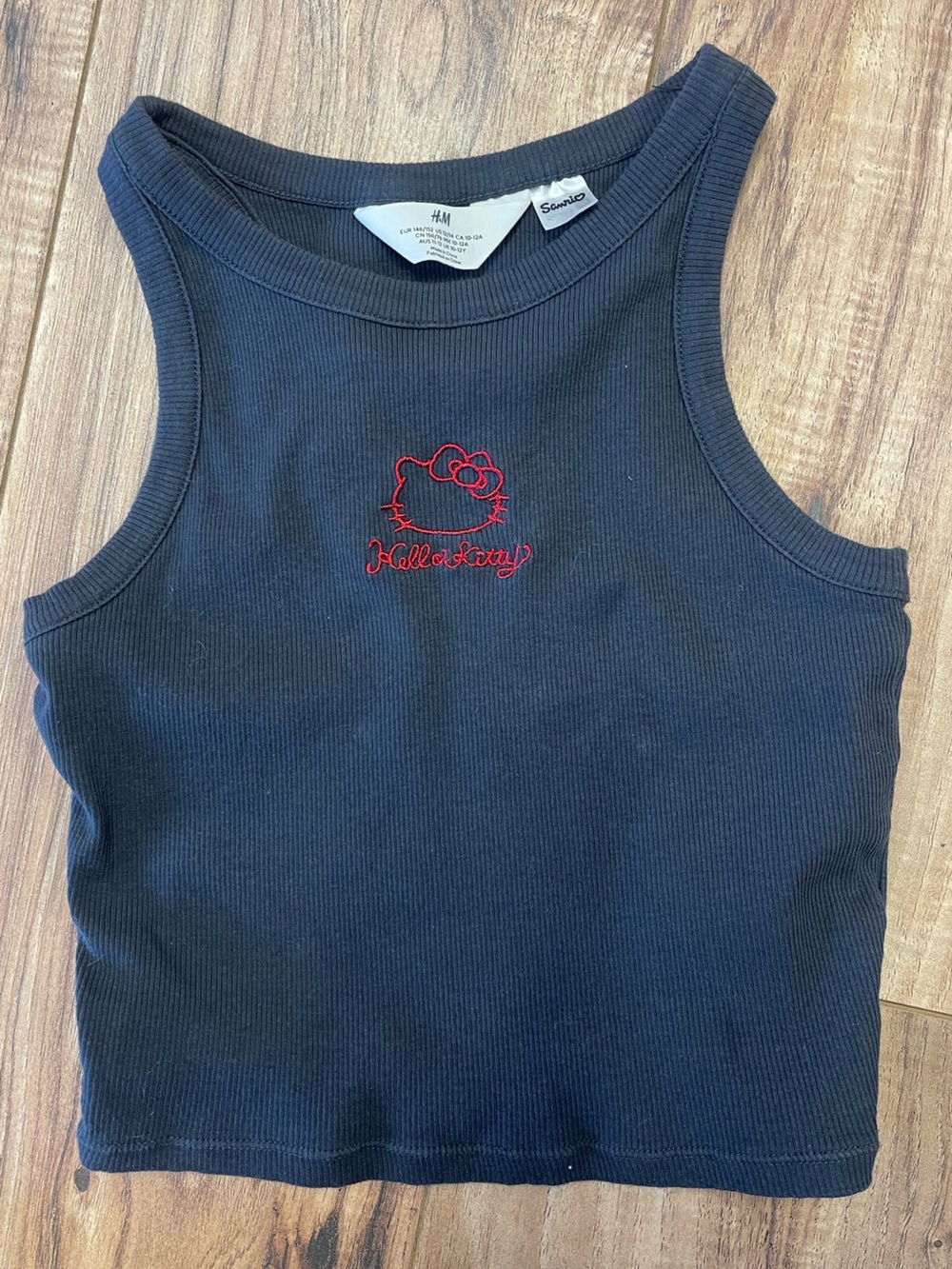H&M Black Ribbed Tank Top with Red Embroidered Hello Kitty